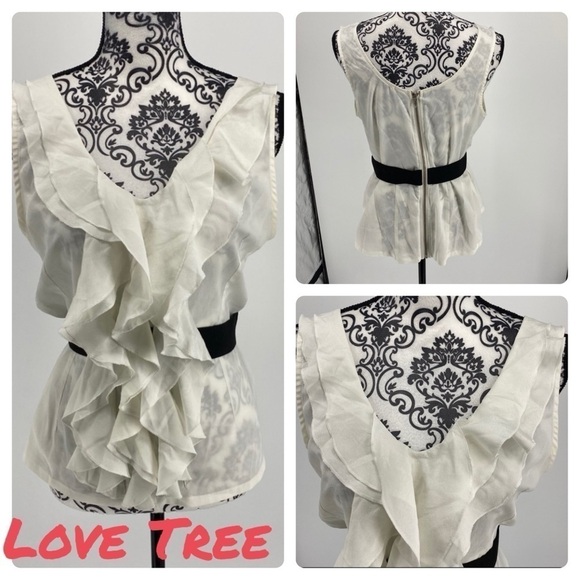 Love Tree white ruffle front black belt blouse. Sleeveless v-neck. Career work - Picture 2 of 12